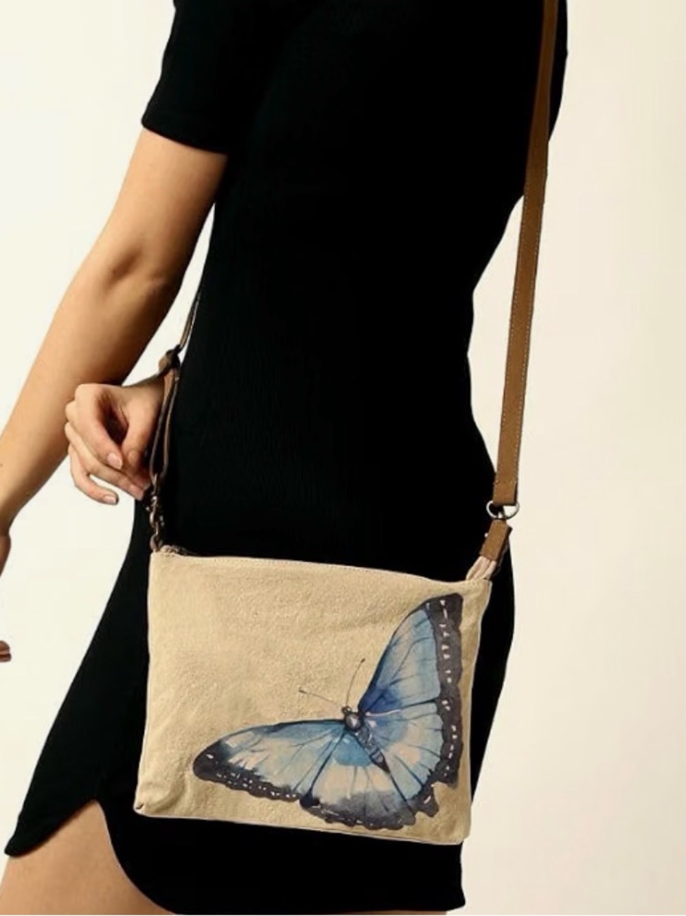 COTT N CURLS Beige Crossbody Bag Blue Butterfly adjustable detachable strap New